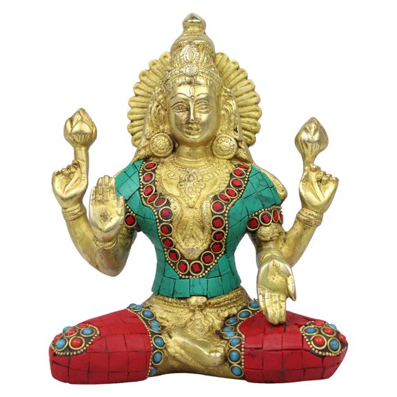 Brass World Goddess Maa Laxmi Idol Lakshmi Brass Multicolor Gemstone Handwork Luxmi Murti Statue for Home Puja Mandir Temple Height 7.5 Inches