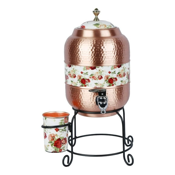 Brass World Handmade Copper Matka Mette Look Hammer With Rose New Print Design, 5 Liter, 3-Piece, Clear