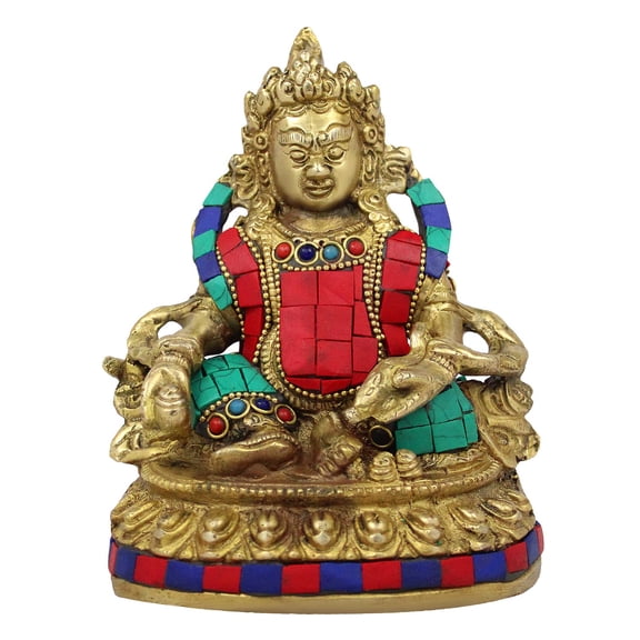 Brass World Idol Lord Kuber Maharaj Sitting Blessing Statue Brass Multicolor Gemstone Handwork Murti for Business Murti for Prosperity Money Home Dcor Locker Safe Tijori 6 Inches