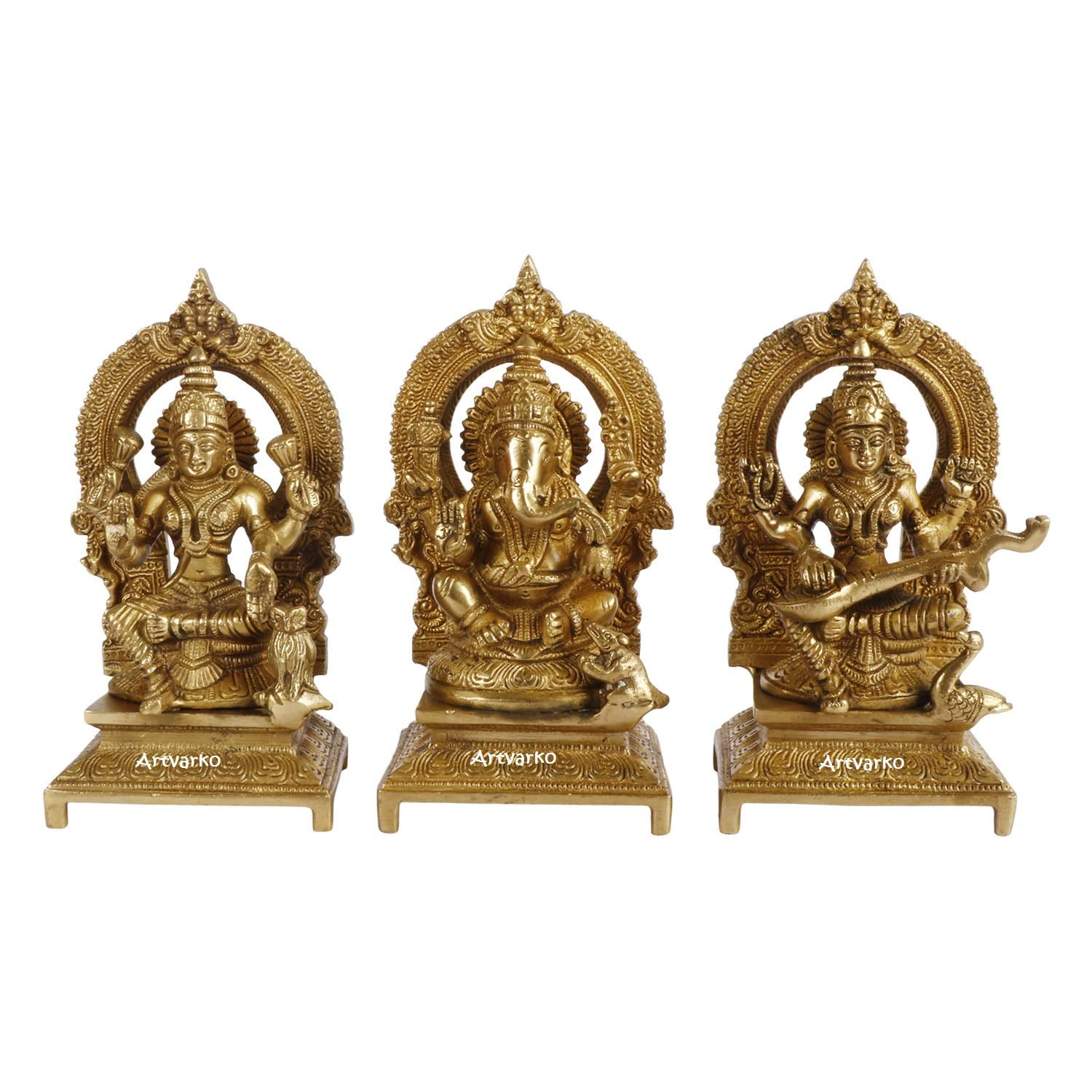Brass World Lakshmi Ganesha Saraswati, Set of 3 Lord Statues Brass
