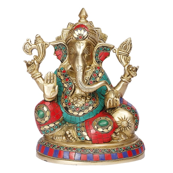 Brass World Lord Ganesh Multicolor Murti Ganesha Idol Ganpati Bhagwan Brass Statue for Home Entrance Good Luck Vastu Decoration Showpiece and Gift Height 9 Inches.