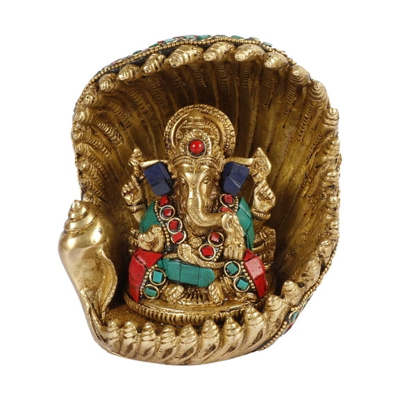 Brass World Lord Ganesha Ganesh Sitting Inside Shankh Shell Brass with Multicolor Gemstone Handwork Idol Statue (LxBxH 5x3x 6 Inches)