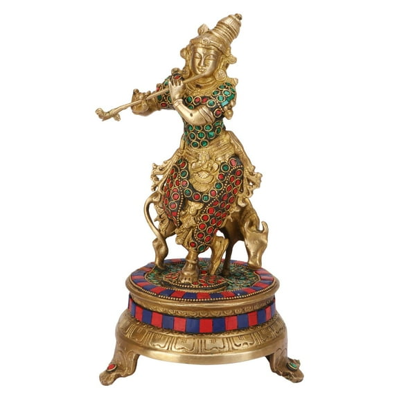 Brass World Lord Krishna God Murti Brass Statue of Love Flute Playing with Cow Home Decor Living Pooja Room Mandir Temple Height 11 Inch
