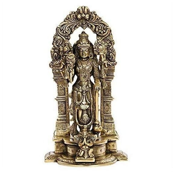 Brass World Lord Vishnu Narayan Standing on Garuda Pedestal Brass Idol Height 9 Inches (Antique Gold)