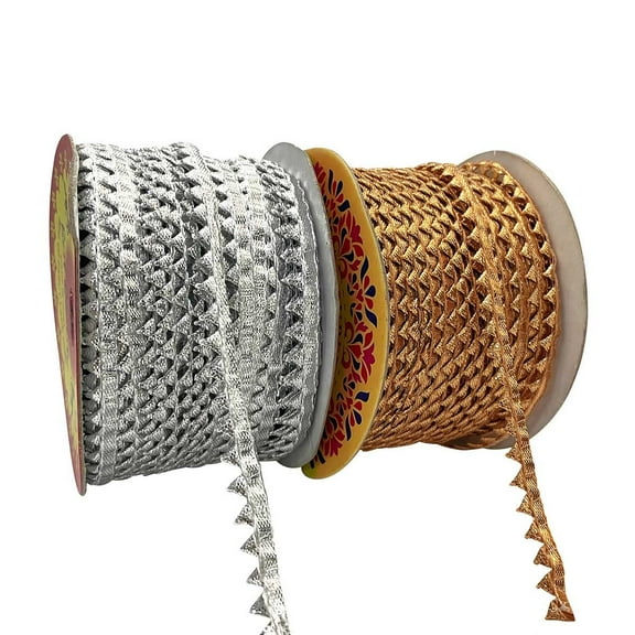 Brass World Samosa Lace Design Trim Rolls Combo in Silver & Gold Colours for Dupatta, Blouses & Kurti, 60 Mtr, Width 8MM (2 Rolls)