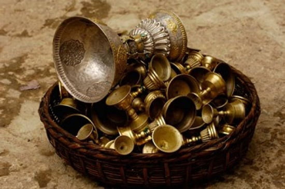 Brass Yak Butter Tea Cups in Songzhanling Monastery Zhongdian Deqin Tibetan Autonomous Prefecture Yunnan Province China Canvas Art - Pete Oxford DanitaDelimont (38 x 26)
