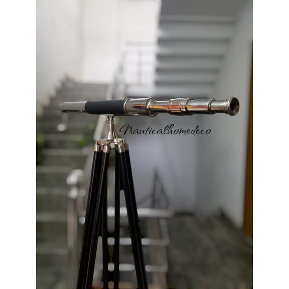 Brass and Leather Chrome Finish Telescope on Adjustable Tripod - Nautical Spyglass - Wooden Stand - Decor Gift - Christmas and New Year Gift