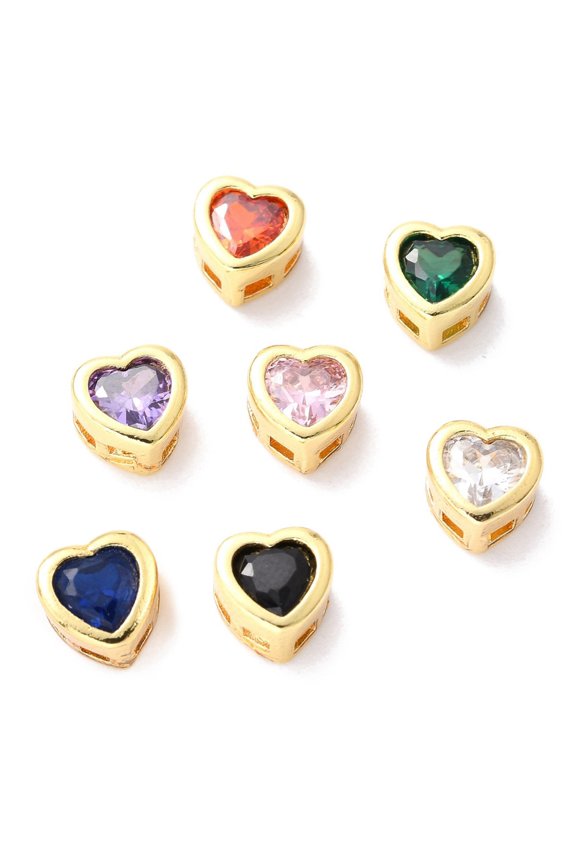 Brass inlaid Cubic Zirconia Slide Charms Real 18K Gold Plated Heart Mixed Color 6.5x6.5x4mm Hole: 0.8x2mm