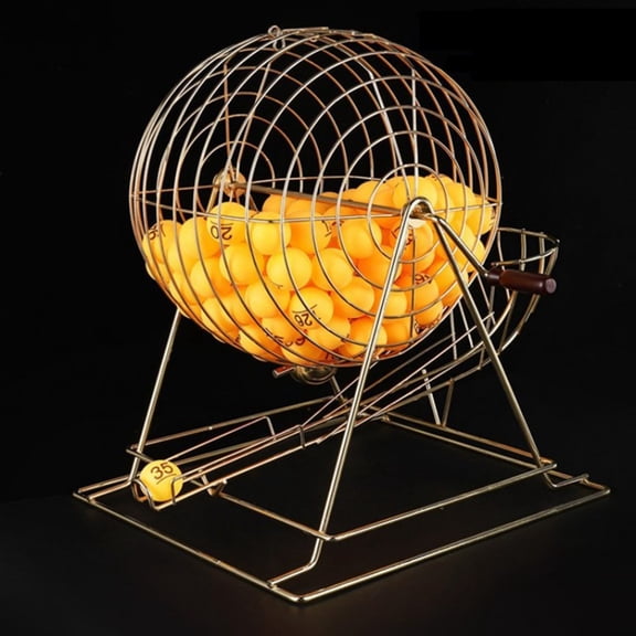 Brass-plated ticket poker raffle drum spinning lottery with wooden handle, and dispenser. Water corrosion-resistant surfaces guaranteed, with number balls with the numbers 1 to 100