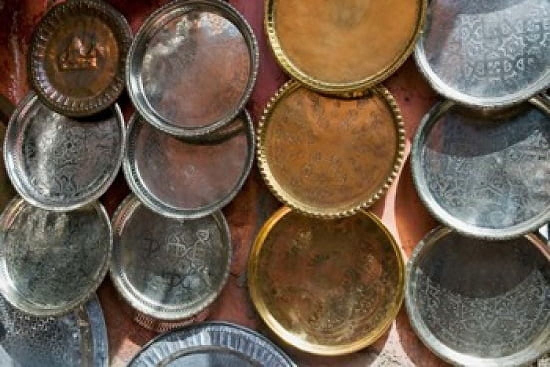 Brass plates for sale in the Souk Marrakech (Marrakesh) Morocco North Africa Canvas Art - Nico Tondini DanitaDelimont (35 x 23)