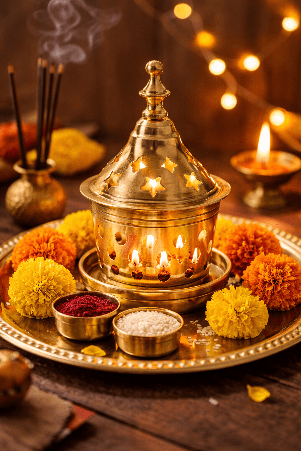 Decorative Brass Star Shape akhand Oil Diya/Lamp Puja Brass Oil Lamp Pooja Essential Indian Traditional Festival Laxmi Poojan New year Gifts Decorations Home Decor (Size:-L;4 Inch,H;2 Inch)(Golden)