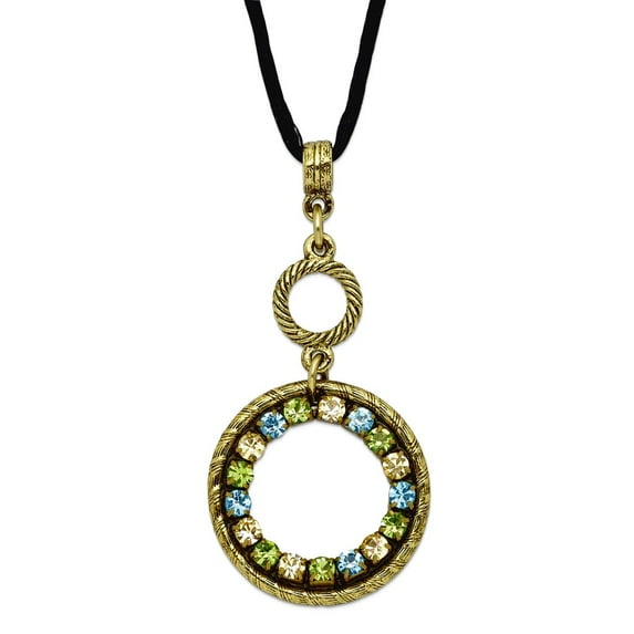 Fancy Lobster Closure Brass-tone Blue Green and Yellow Crystal Circle 16inch With ext Satin Cord Necklace Pendant Neckla