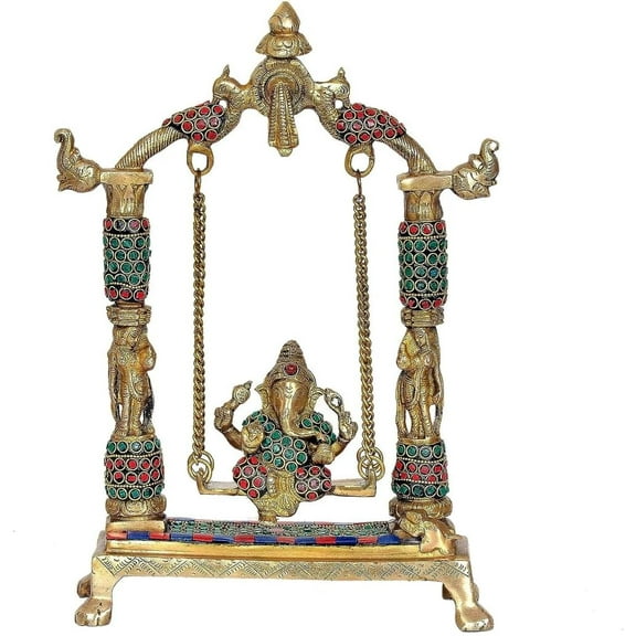 Brass with Stone Work Statue jhula Ganesh showpiece/Gift Item/Home Decor