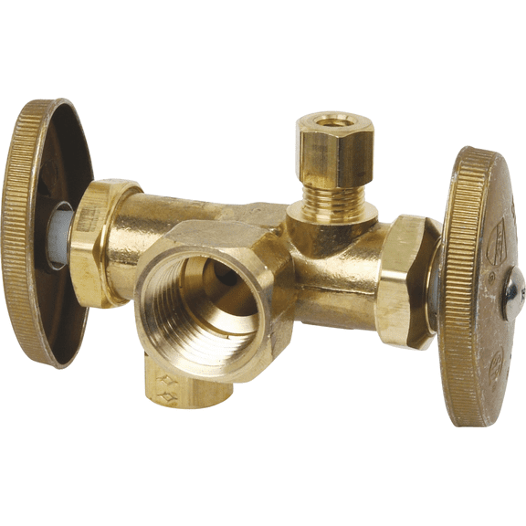 BrassCraft 1/2 In. FIP Inlet x 3/8 In. OD Compression Outlet Dual Outlet Shut-Off Valve - Single Pack Indoor & Outdoor Use, NEC-Compliant