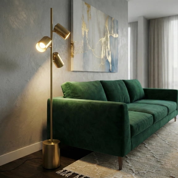 Brassed Gold Floor Lamp with Rotary Switch, Triple Spotlight, Metal Block Base