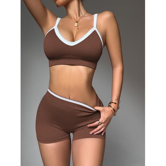 Brassiere And Shorts Set Sports Bras For Women Halter Strap Quick-Drying Sports Underwear Set, Shock-Absorbing, Cushioned Yoga Bra, Outdoor Running And Fitness Wear Coffee color M