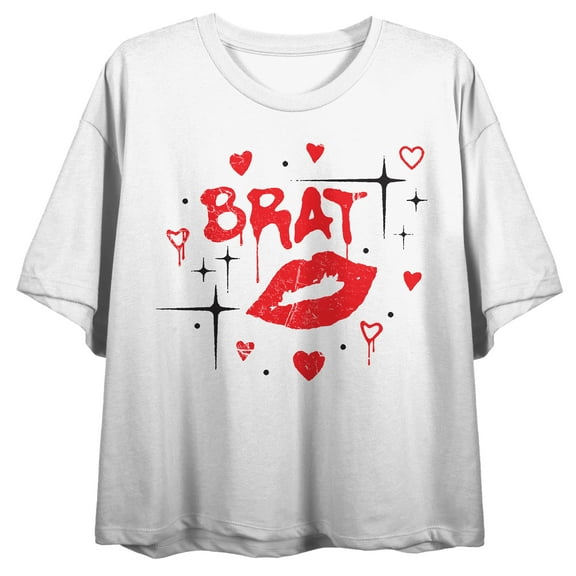 Brat Kisses and Hearts Women's White Crop Tee-Medium