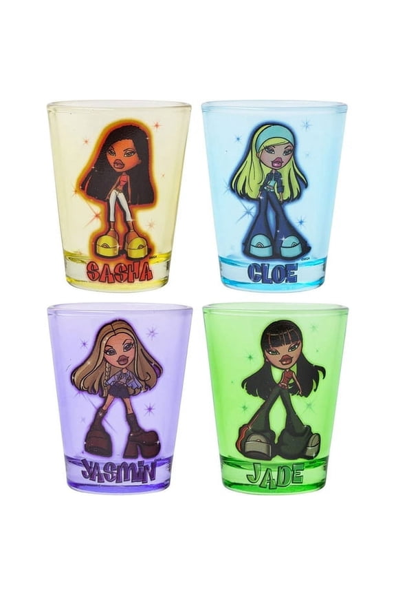 Bratz Sparkle Featuring Sasha, Cloe, Jasmin, and Jade 4 Pack Mini Glasses, 1.5 Ounces