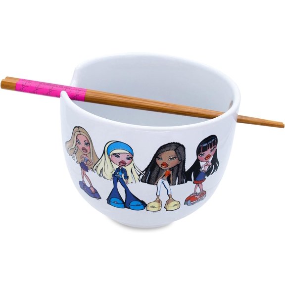 Bratz Ceramic Ramen Bowl with Chopsticks Featuring Cloe, Jade, Yasmin, and Sasha, 20 Ounces