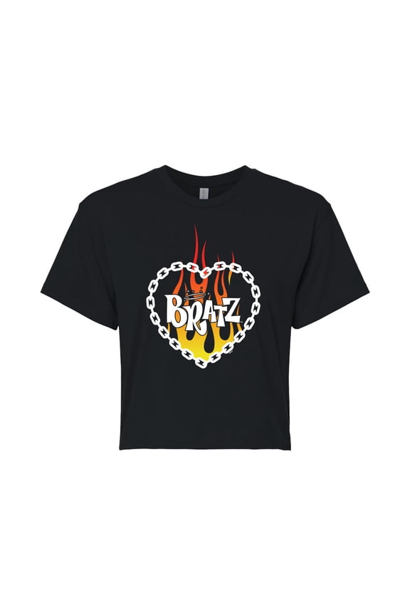 - Flame Logo - Chain Link Heart - Juniors Cropped Cotton Blend T-Shirt