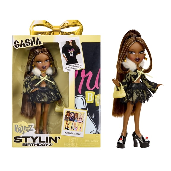 Bratz Stylin Birthdayz Sasha Fashion Doll with Customizable T-Shirt for You and Accessories