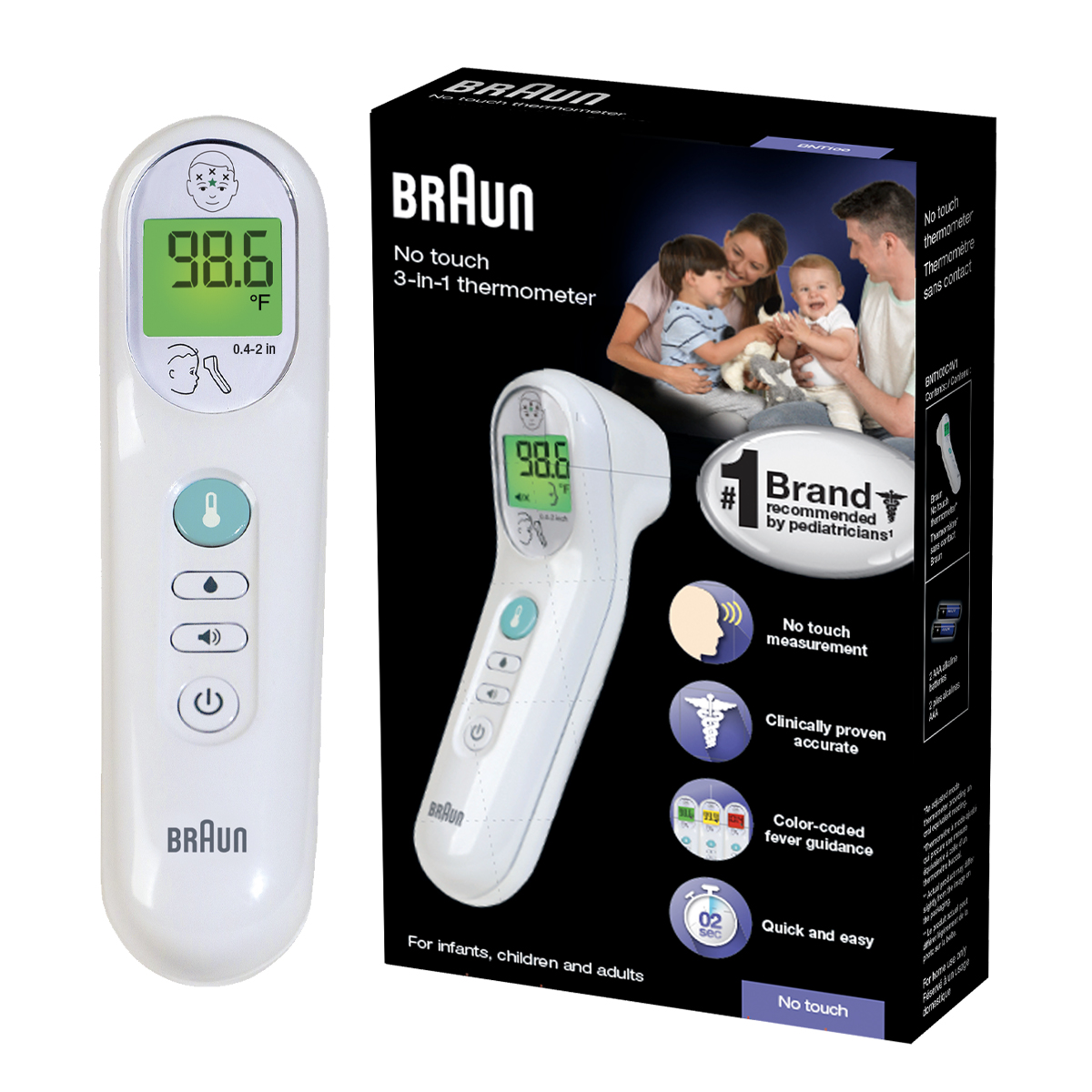 Braun 3-in-1 Digital No Touch Thermometer, Suitable for All Ages, BNT100US, White - image 1 of 10