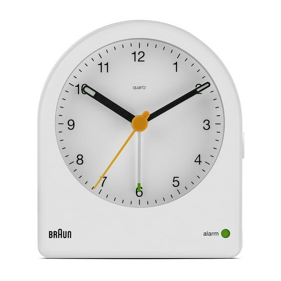 Braun Classic Analogue Alarm Clock with Snooze and Continuous Backlight, Quiet Quartz Movement, Crescendo Beep Alarm in White, model BC22W.