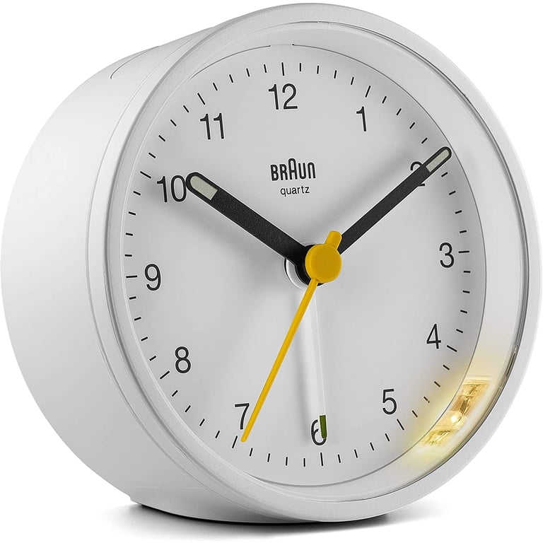 Alarm Clock Braun Classic Analogue With Snooze And Continuous Backlight Quiet Quartz Movement Crescendo Beep Alarm In White Model Bc22w Braun Clock