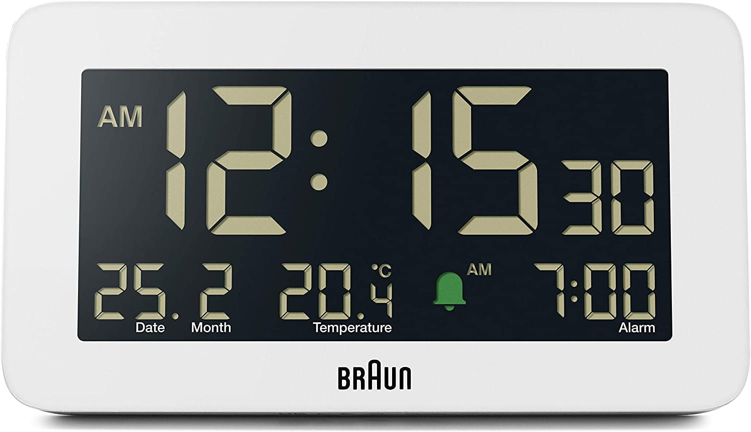 Braun Digital Alarm Clock with Date, Month and Temperature Displayed, Negative LCD Display, Quick Set, Crescendo Beep Alarm in White, model BC10W.