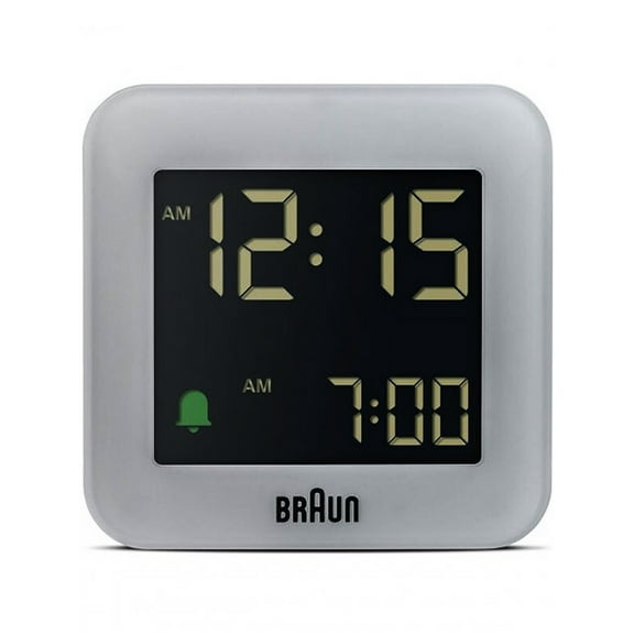 Braun Digital Radio Controlled Travel Alarm Clock For Central European Time Zone (DCF) with Snooze, Compact Size, Negative LCD Display, Quick Set, Crescendo Beep Alarm in Grey, model BC08G