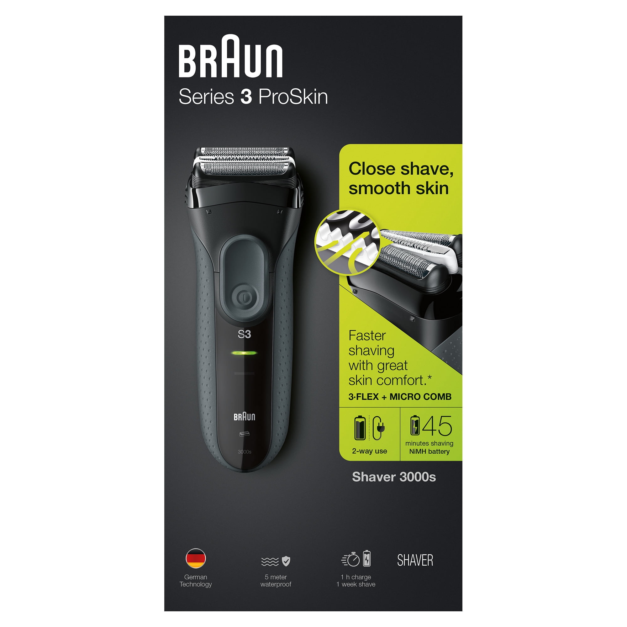 Braun Series 3 ProSkin 3000s Shaver for Men/Rechargeable Electric Razor, Black -