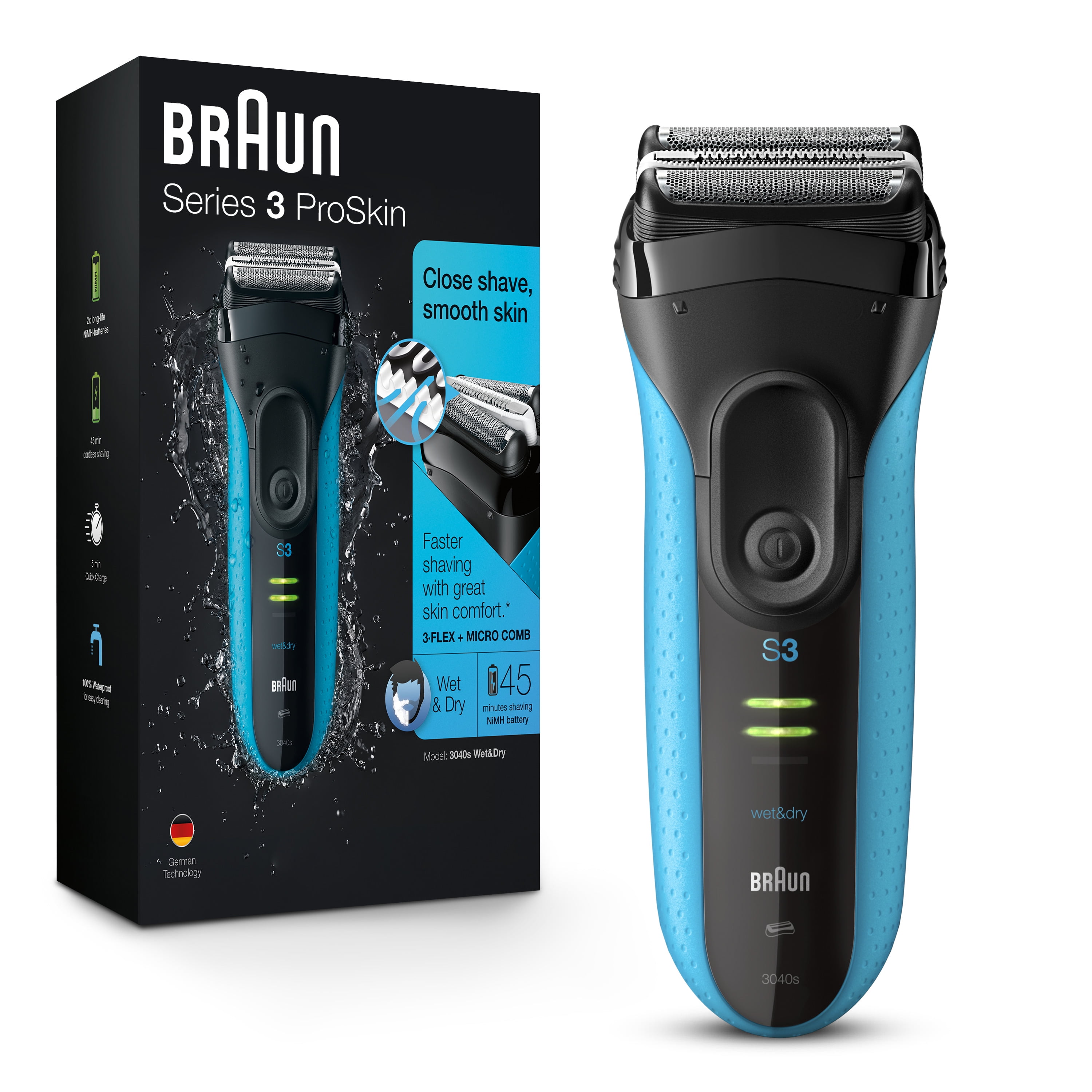 Dry Electric Shaver ProSkin 3040s Men\'s Wet Rechargeable with Series 3 Precision Trimmer Braun
