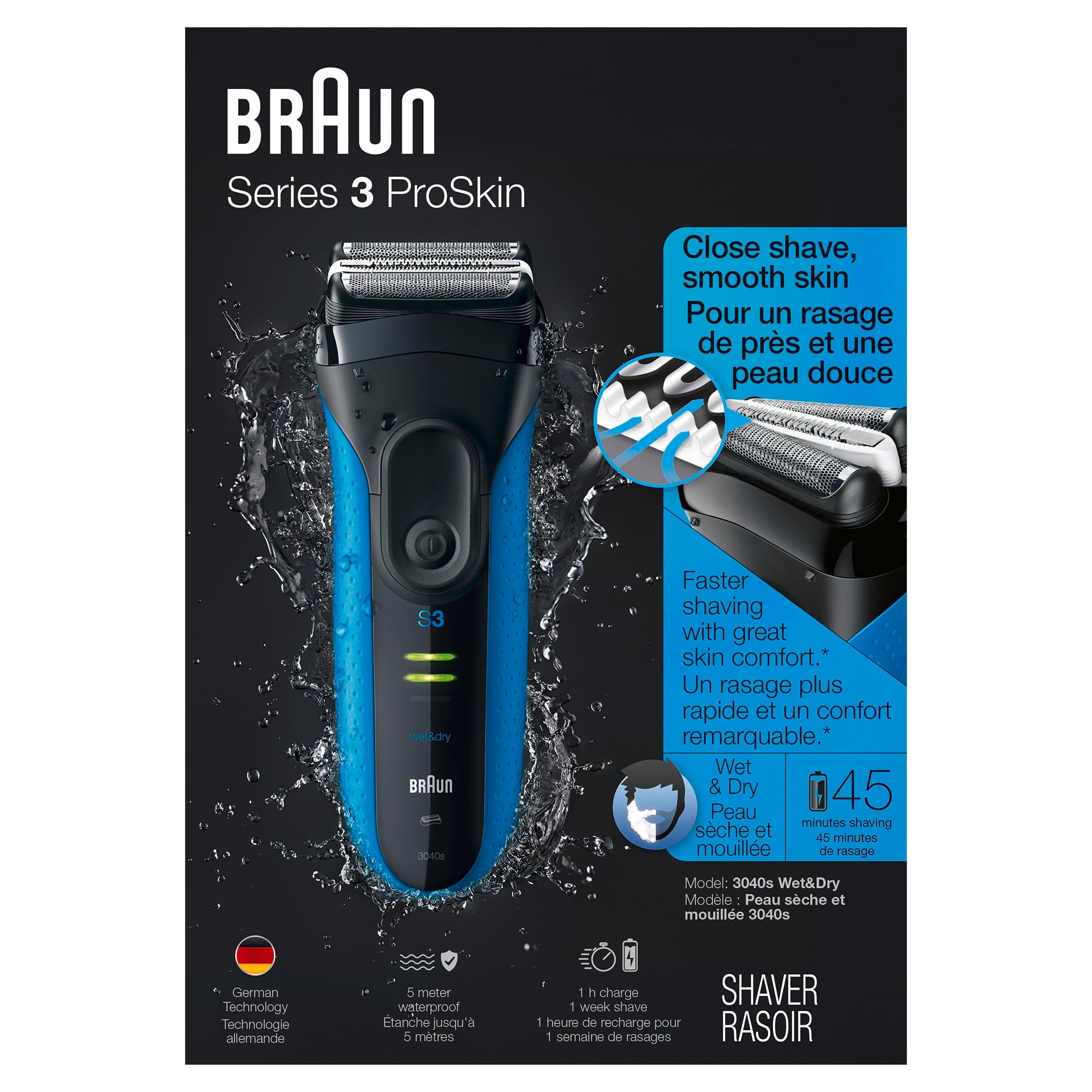Braun Series 3 Proskin Shave&Style 3-in-1 Electric Shaver, Wet and Dry Razor for Men, Rechargeable and Cordless Shaver, Black/Blue