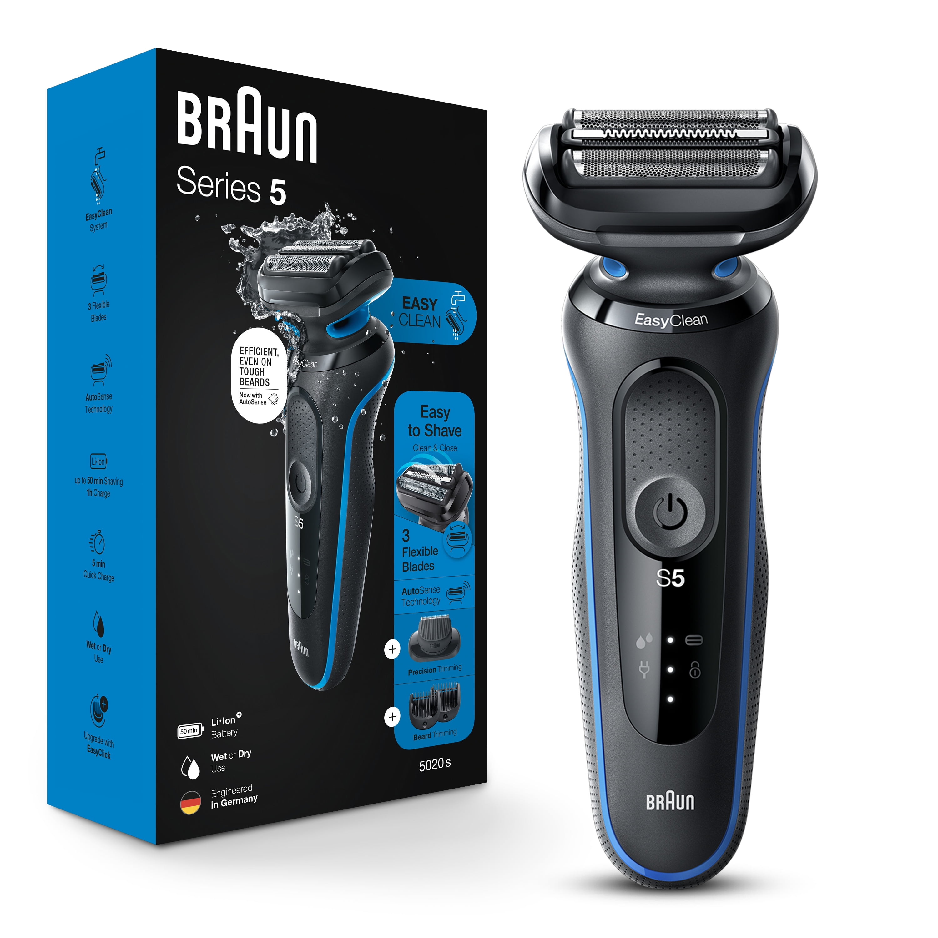 Braun Series 5 5020s Electric Shaver with Beard Trimmer for Men, Wet & Dry,  Rechargeable, Blue