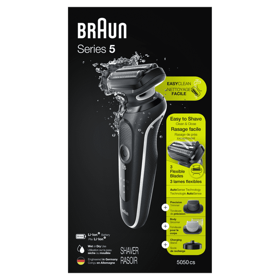 Braun Series 5 5050cs Electric Shaver with Charging Stand, Precision Trimmer, Body Groomer, Wet & Dry, Rechargeable, Cordless Foil Shaver, White