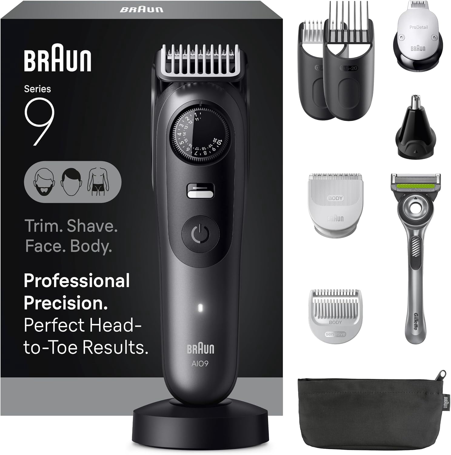 Braun Series 9 All-in-One Beard & Body Grooming Kit for Men, Cordless Trimmer, Hair Clippers & Shaver for Face, Hair & Body with Gillette Labs Razor