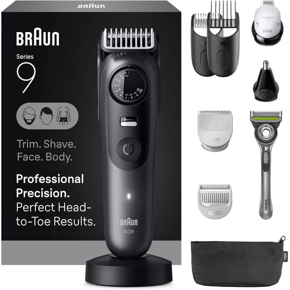 Braun Series 9 All-in-One Beard & Body Grooming Kit for Men, Cordless Trimmer, Hair Clippers & Shaver for Face, Hair & Body with Gillette Labs Razor