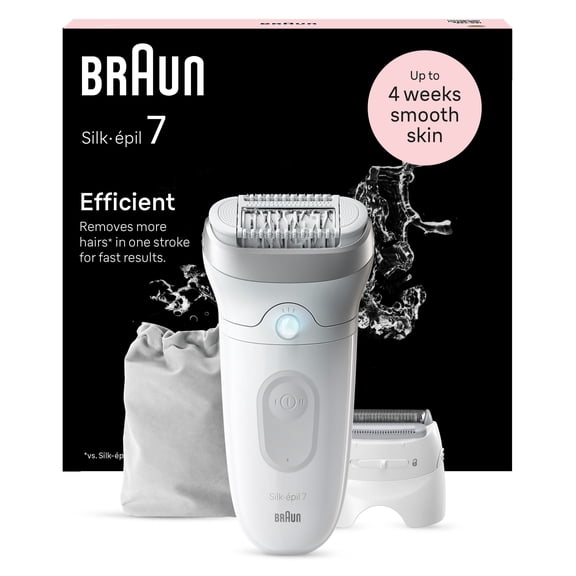 Braun Silk-epil 7 Epilator, Wet and Dry, Wide Head, Includes Shaver Head and Trimmer Comb, SE7-041, Silver
