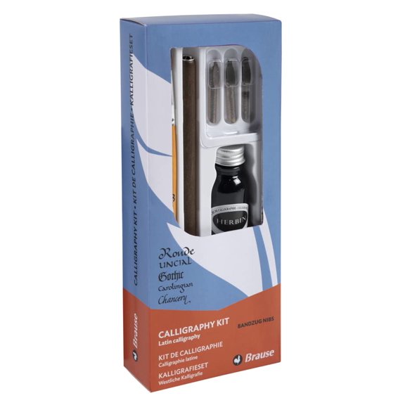 Brause 147B - A calligraphy kit including 3 Bandzug nibs (1.5mm, 2.5mm and 3mm), a wooden nib holder, a brush, a bottle of black ink and instructions.