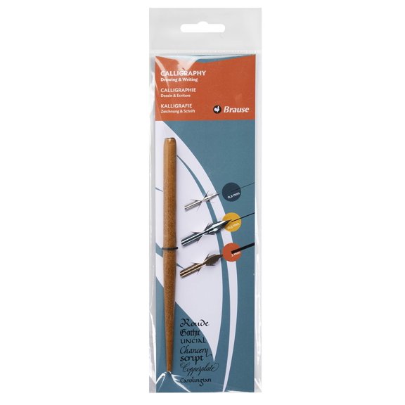 Brause 16003B - Calligraphy pouch including wooden nib holder and 3 metal nibs (Dessin 66B, Stno and Bandzug 2mm) - calligraphy - drawing - writing tools