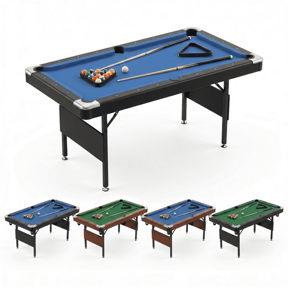 BravSco 63.8 Inch Foldable Pool Table, No Assembly, Steel Legs, Blue Felt, Black Frame, Complete Accessories Set