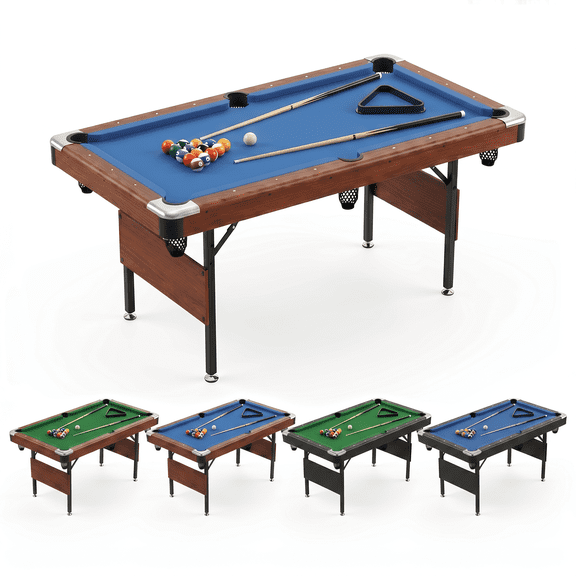 BravSco 63.8 Inch Foldable Pool Table, No Assembly, Steel Legs, Blue Felt, Wood Color Frame, Complete Accessories Set
