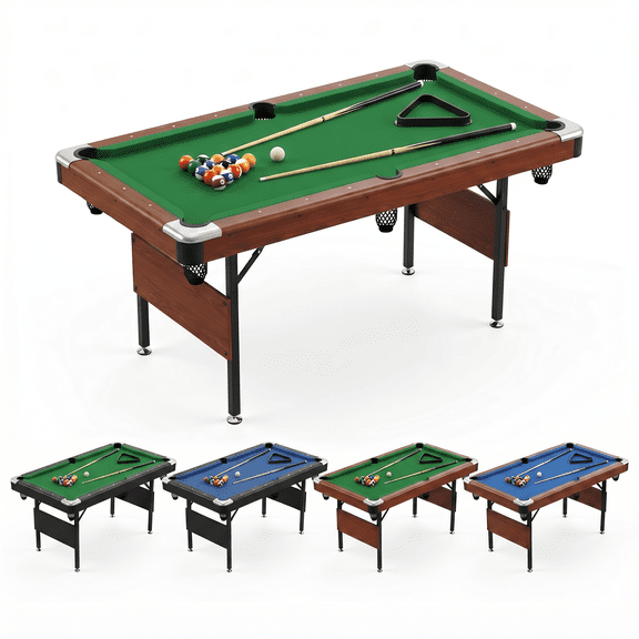 BravSco 63.8 Inch Foldable Pool Table, No Assembly, Steel Legs, Green Felt, Wood Color Frame, Complete Accessories Set