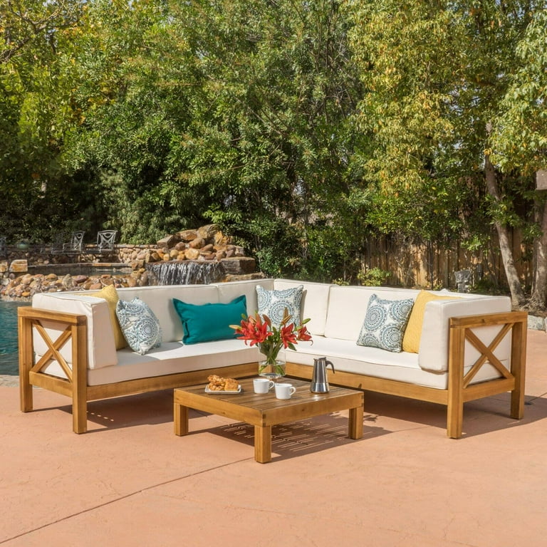 Brava Outdoor 4 Piece V Shaped Acacia Wood Sectional Sofa and Coffee Table Set