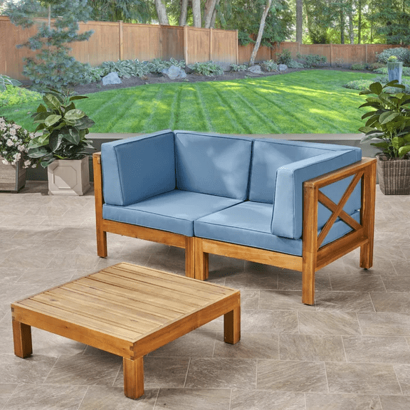 Brava X-Back 2-Piece Sectional Loveseat with Coffee Table for Small Spaces, Modern Blue Sofa Set with Storage, Living Room Apartment Furniture