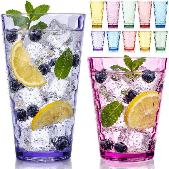 Bravario Hammered Plastic Drinking Tumbler, Dishwasher-Safe Water Glasses, BPA-Free Reusable Mixed Colors Assorted Stackable Cups, 16 & 22 oz Set of 12