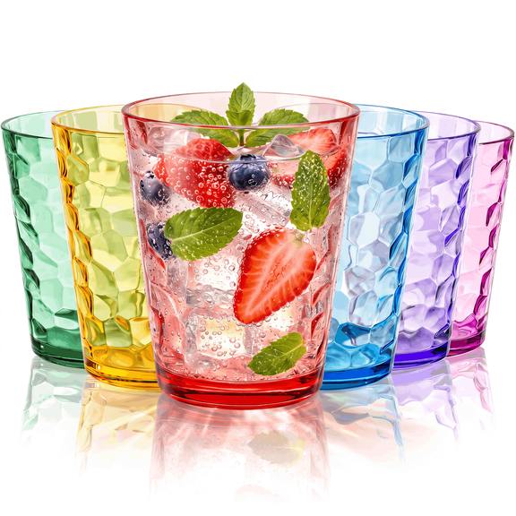 Bravario Hammered Plastic Drinking Tumbler, Dishwasher-Safe Water Glasses, BPA-Free Reusable Mixed Colors Assorted Stackable Cups, 16 oz Set of 6
