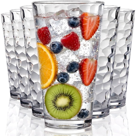 Bravario Hammered Plastic Drinking Glasses Set of 6, 22 oz BPA-Free Highball Tumblers