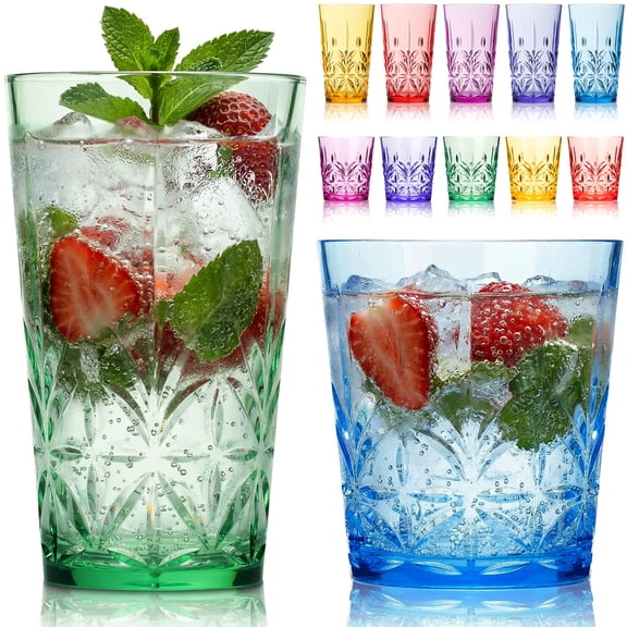 Bravario Royal Plastic Drinking Glasses, 13 and 18 oz Set of 12, Plastic Cups Reusable Dishwasher Safe, & Water Tumblers for Home Kitchen Pool Party, BPA-Free Durable Mixed Colors
