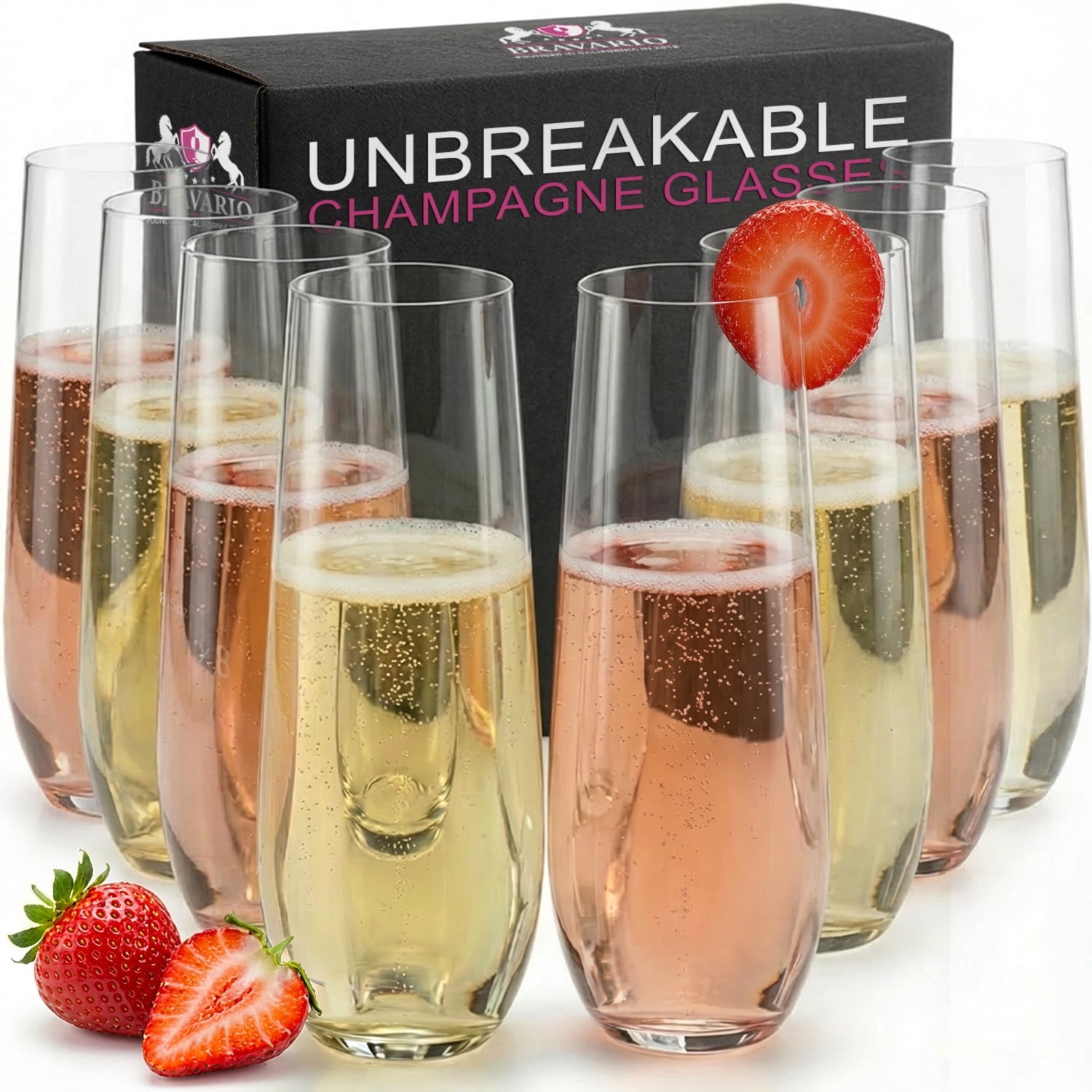Bravario Plastic Champagne Flutes Set of 8, 8.5 oz Stemless BPA-Free Tritan Glasses